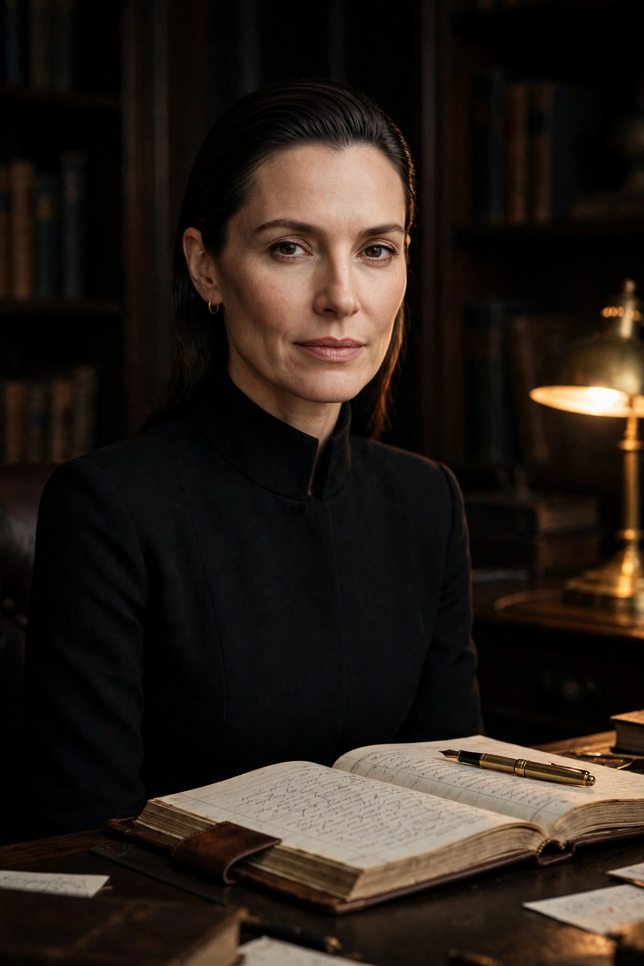 Mistress Vesper at her desk, ledger open
