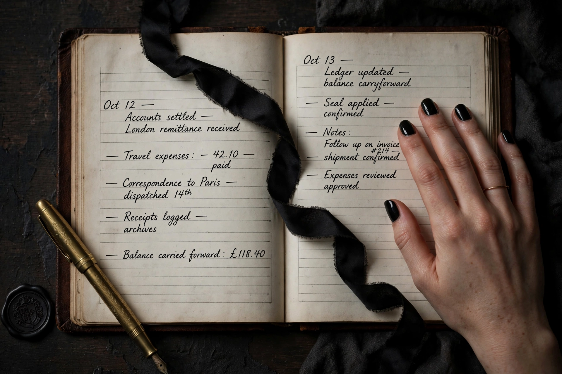 An open leather ledger, a brass pen, a black ribbon